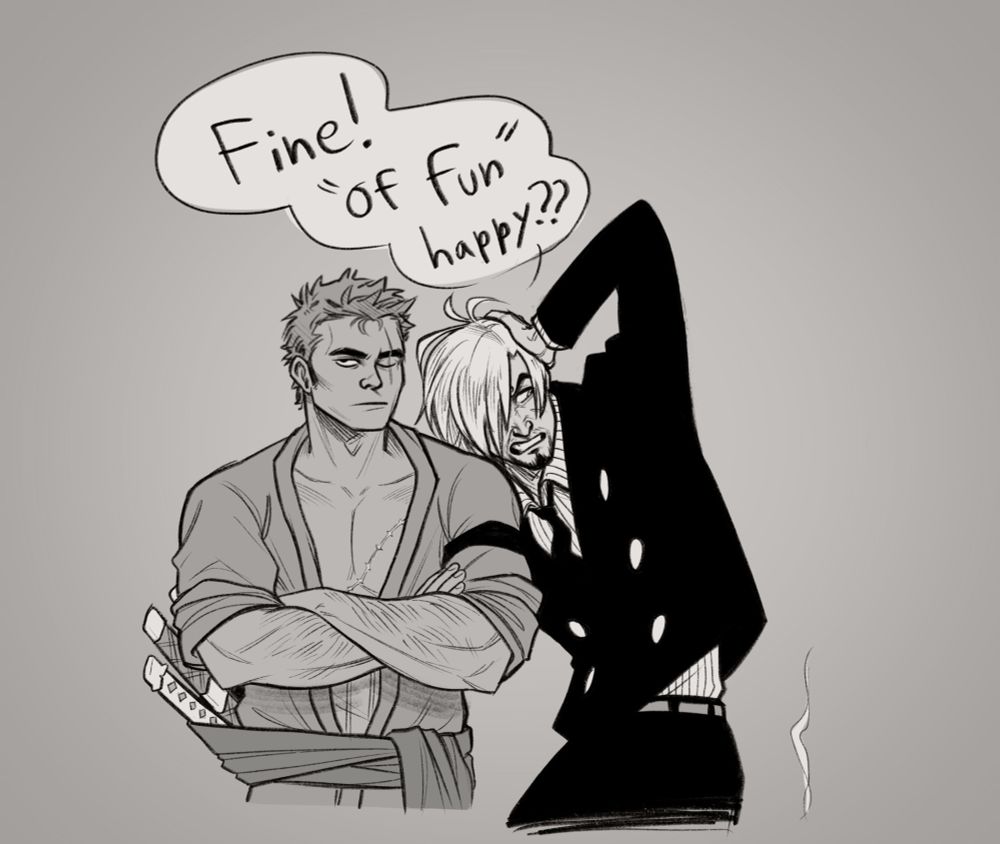 In the third panel Sanji hunches over Zoro's shoulder, rubbing his head as he glares back at where Sogeking has dissapeared, snarling and saying "Fine! "Of fun", happy??". Zoro rolls his eyes.