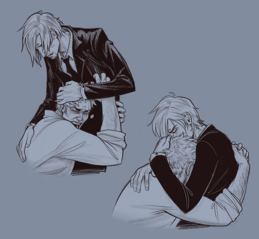 Two black and white illustrations of Sanji and Zoro. In the first Zoro is crying out in anguish, crying, and clinging to Sanji with his face pressed to Sanji's stomach. Sanji holds him close with his hands on Zoro's head and back, eyes hidden by his hair but looking concerned. In the second, they are more closely hugging, Zoro's face buried in Sanji's chest and Sanji's face pressed to Zoro's hair.