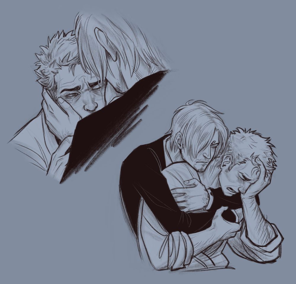 Two more illustrations, in the first we see the top of Zoro's face over Sanji's shoulder, cupped by Sanji's hands. His visible eye is swollen and leaking tears that Sanji is brushing away. In the second illustration a distraught Sanji is embracing Zoro from behind, gripping him accross his chest and shoulders, while Zoro is hunched over and grabbing one of Sanji's arms, his other hand covering part of his sobbing face.