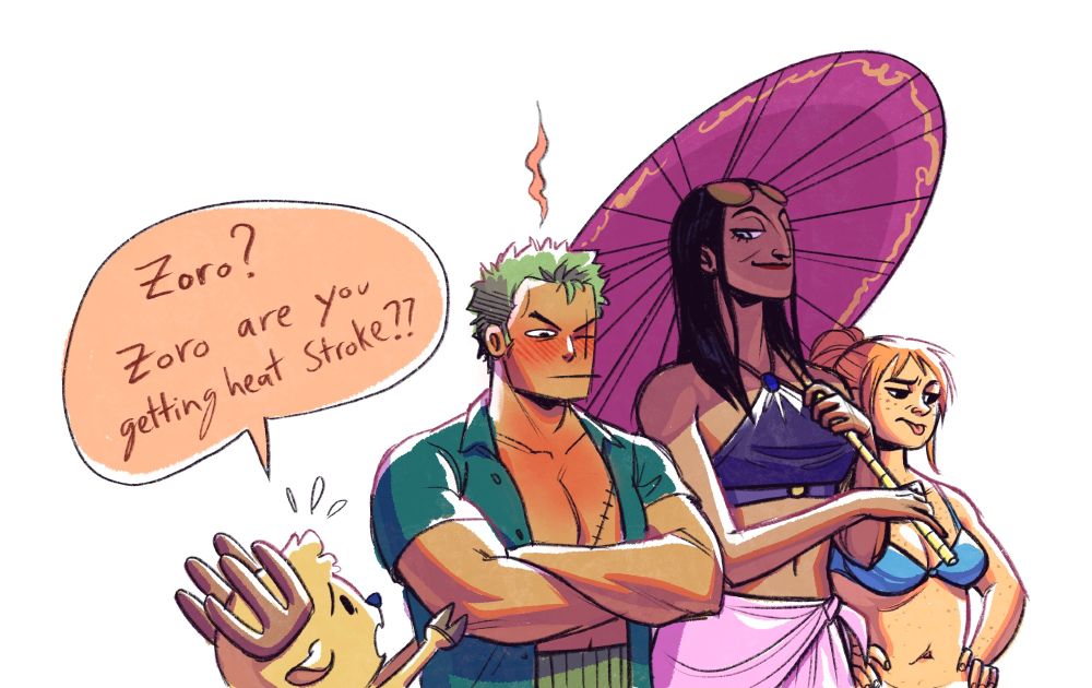 A group shot of Chopper, Zoro, Robin, and Nami all watching Sanji crush the watermelon. Nami sticks her tongue out in mild disgust, while Robin gives Zoro a smug sideye. Zoro is blushing bright red with a bit of steam coming off the top of his head and a worried chopper grabs his arm saying “Zoro? Are you getting heat stroke??”