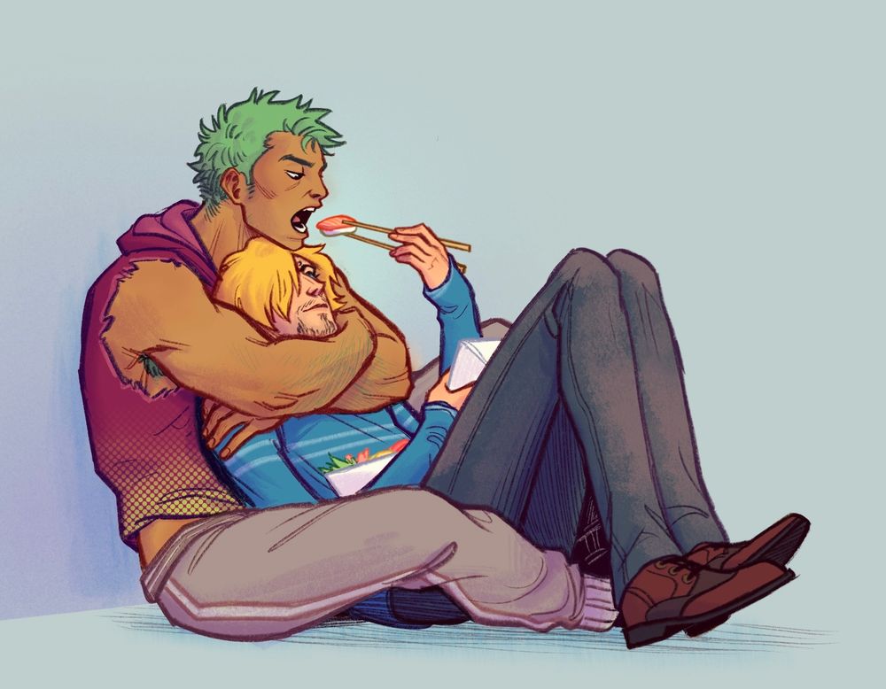 A colored illustration of Zoro and Sanji sitting on the ground, wearing casual clothes. Zoro is wrapped around Sanji's back, arms curled around his shoulders and chin resting on top of his head, while Sanji sits between his legs. Sanji is holding a takeout container of sushi and is using chopsticks to feed Zoro a piece of Salmon nigiri over his head