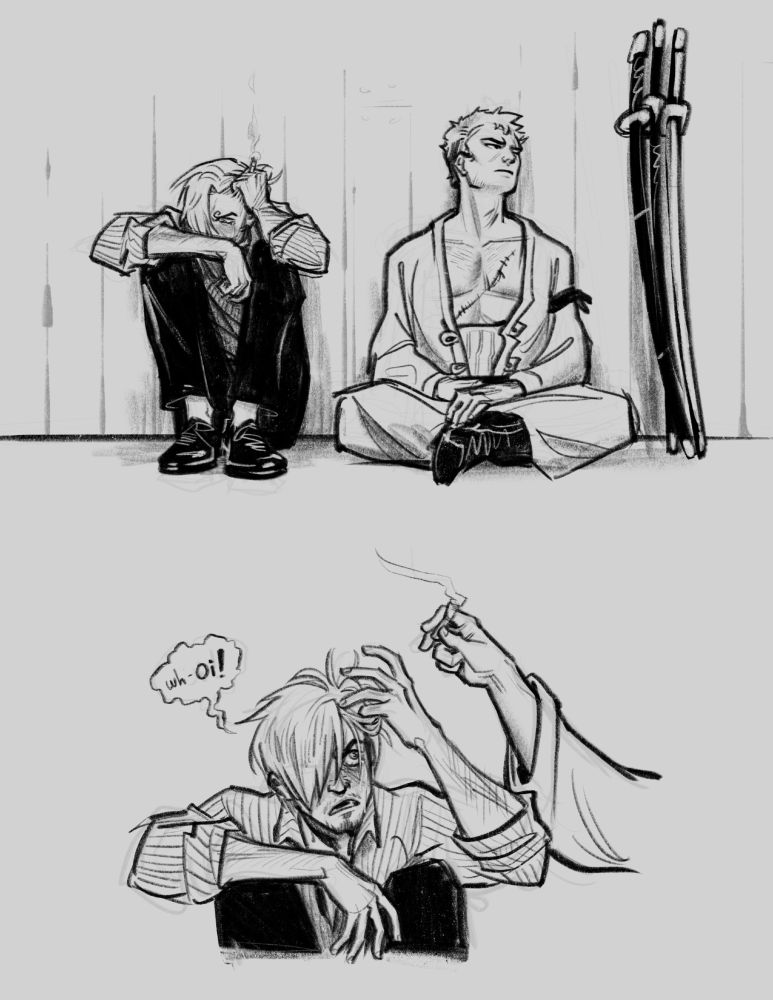 the first two panels of a black and white comic, in the first panel Sanji and Zoro sit side by side on the ground, looking away from each other, Sanji visibly distressed, crying, and tugging at his hair with a lit cigarette in his hand, and Zoro looking more pensive. In the second panel Zoro reaches over and takes the cigarette, while an annoyed Sanji looks up and says "wh- Oi!"