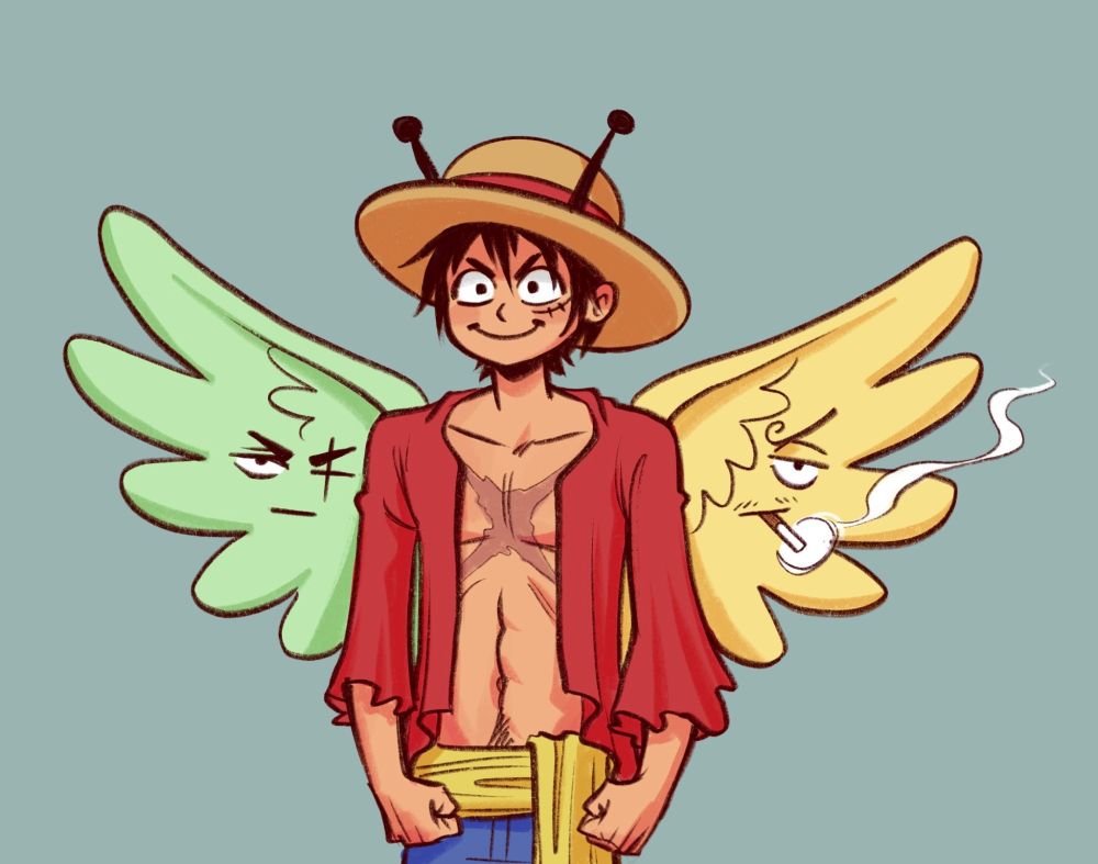 A colored drawing of Luffy with wings and antennae in the style of Skypeia, but one wing is green with Zoro's face, and the other is yellow with Sanji's face, smoking a cigarette. 