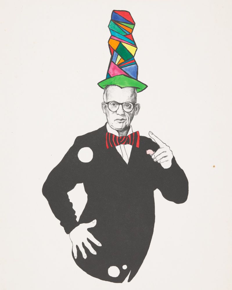 A lithograph of artist Kirk Newman. He wears a black suit and lifelike expression, humorously disrupted with a bright and multicolored geometric top hat and oversized striped bowtie. Circular cutouts in the suit and the exaggerated gesture of the subject's hand refer to the imagery seen in Newman’s own lithographs. 

Image credit: Jill Waskowsky, Kirk II, 1983, lithograph, hand-colored. Collection of the Kalamazoo Institute of Arts; Donation from Edward Sackley III, 2006.
