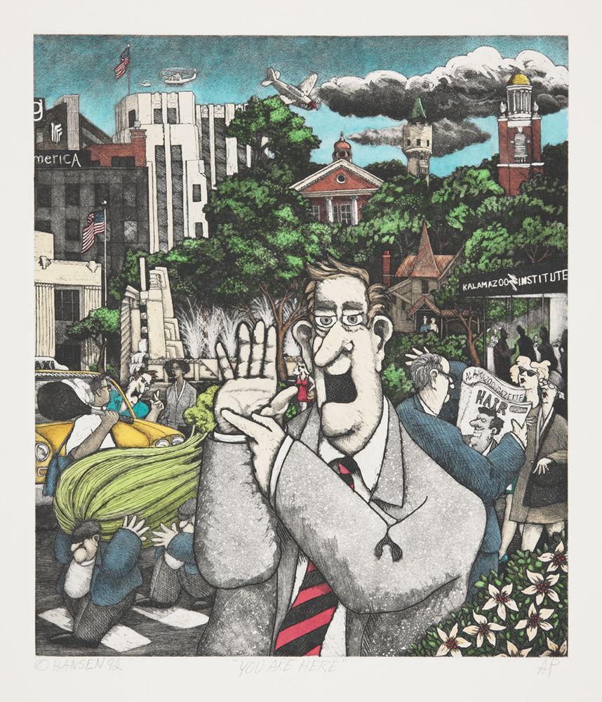A color etching by artist Stephen Hansen depicting the ubiquitous habit, in Michigan, of mapping the outline of the Lower Peninsula upon our own bodies. In the foreground, a helpful Michigander points to their hand. In the background, local architecture and monuments are assembled in a compressed Kalamazoo skyline, while caricatures humorously represent the people of the city with reference to local history, cultural institutions, business, and agriculture. And of course, the windows of the KIA reveal a festive event—perhaps the opening of Hansen's 1992 retrospective for which this print was made.
