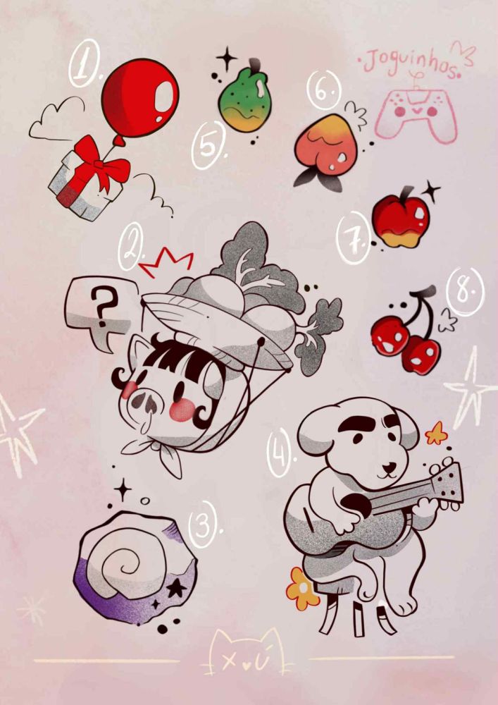 8 Desenhos de animal crossing new horizons, presentinho, frutas coloridas, a Daisy Mae e K.K Slider com um violão. São todos tatuaveis! Como é muita coisa preferi encurtar as descrições, mas caso queira uma descrição mais completa é so me mandar mensagem na dm!