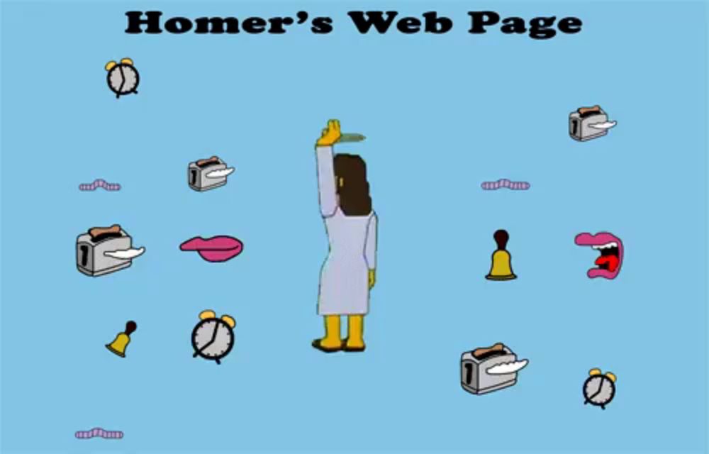 a cartoon of homer simpson holding a knife with the words homer 's web page above him