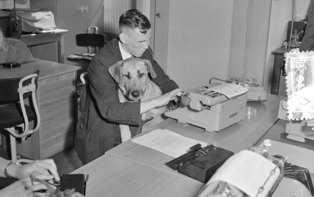 Zwart wit foto van een blinde meneer die zit te typen terwijl zijn hond op schoot zit