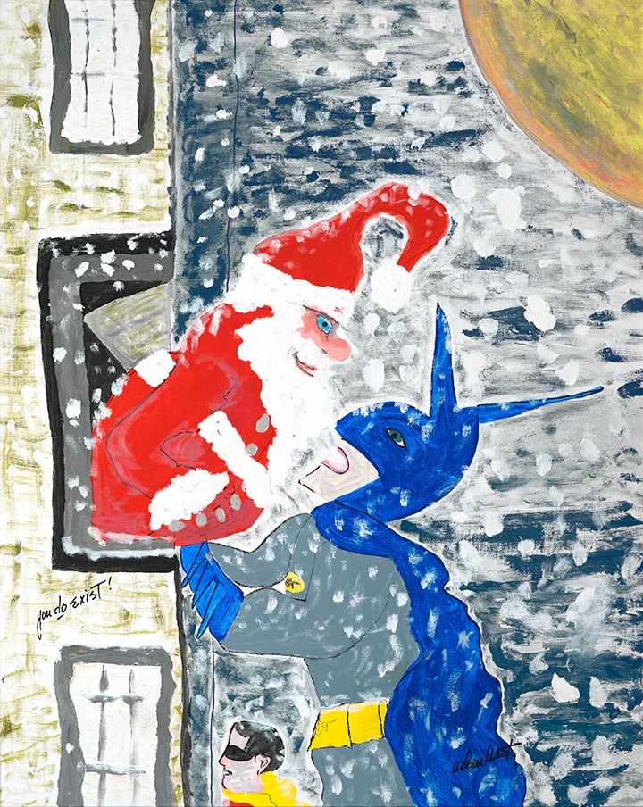 “You Do Exist!” artwork by Adam West. Batman and Robin meet Santa Claus while scaling the side of a building