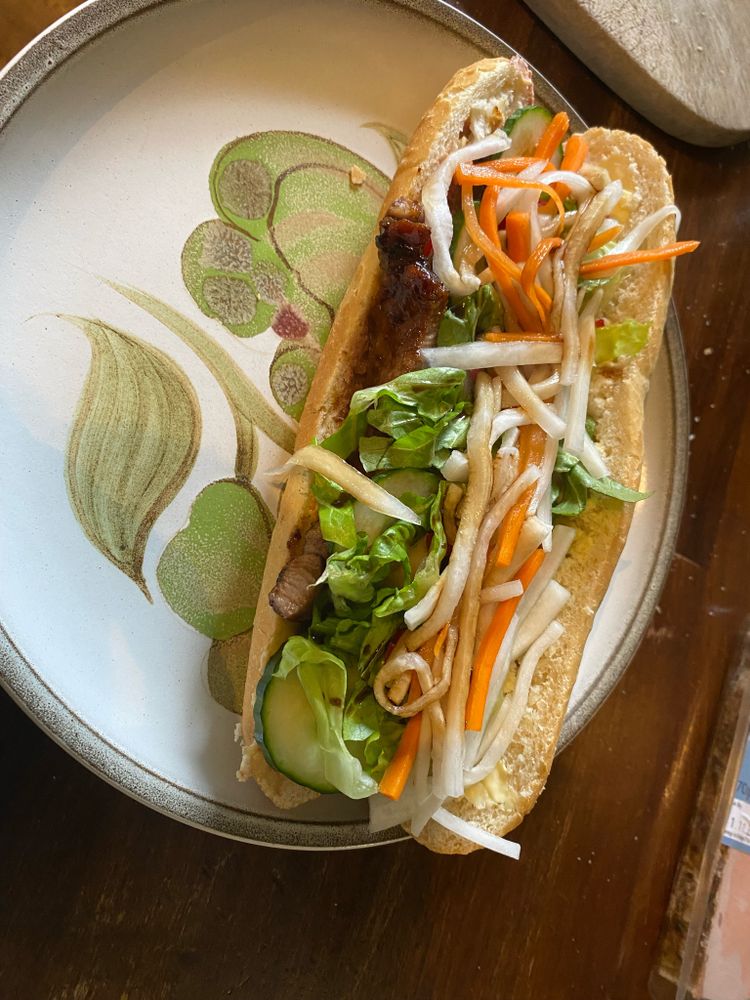 A home made Bahn mi sandwich- loads of pickled radish…