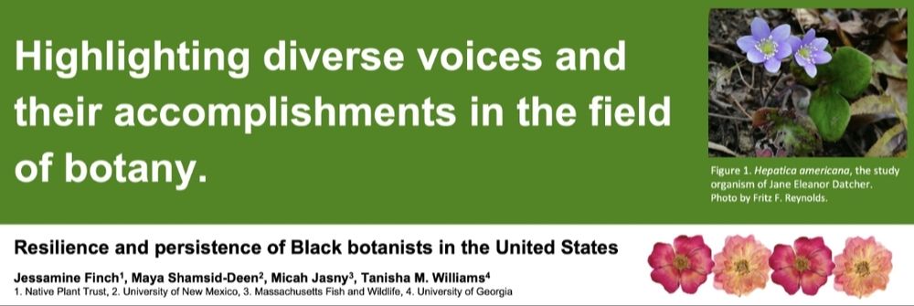 Green and white poster with poster title - highlighting diverse voices and their accomplishments in the field of botany