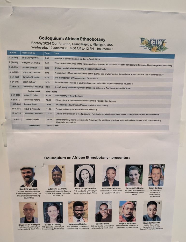 Colloquium on African Ethnobotany flyer with talk titles and presentor pictures.