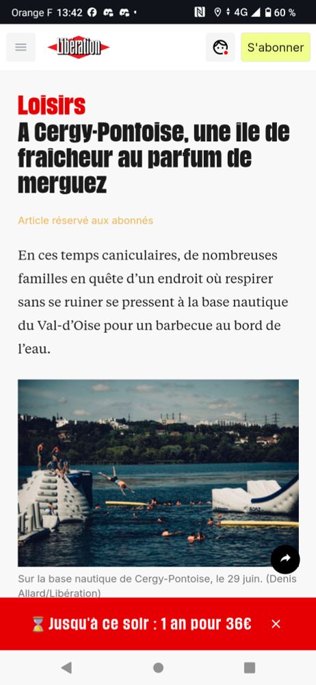 Screen d'un article de libération 
A Cergy-Pontoise, une île de fraîcheur au parfum de merguez.
En ces temps caniculaires, de nombreuses familles en quête d'un endroit où respirer sans se ruiner se pressent à la base nautique du Val d'Oise pour un barbecue au bord de l'eau.