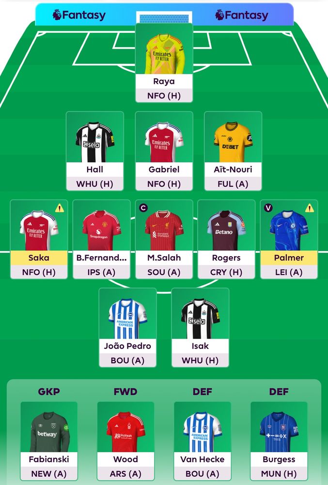 Game week 12 wildcard team. In goal Raya. In defence Gabriel, Ait-Nouri, Hall. In midfield Saka, Bruno Fernandes, Salah, Rogers, Palmer. Up front João Pedro and Isak. On the bench Fabianski, Wood, Van Hecke & Burgess. Captain Salah, vice captain Palmer.