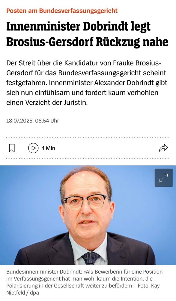 Screenshot aus dem SPIEGEL-Artikel vom 18.7.2025 mit der Überschrift: Posten am Bundesverfassungsgericht. Innenminister Dobrindt legt Brosius-Gersdorf Rückzug nahe