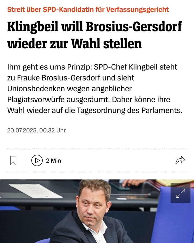 Screenshot aus dem SPIEGEL-Artikel vom 20.07.2025 mit der Überschrift: Klingbeil will Brosius-Gersdorf wieder zur Wahl stellen