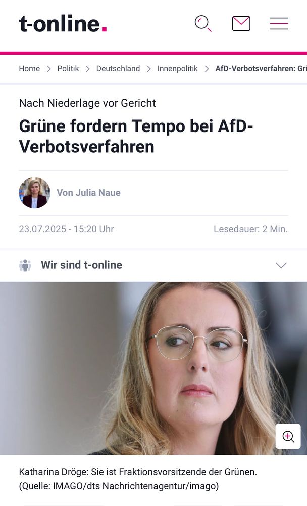 Screenshot aus dem verlinkten Artikel bei t-online vom 23.7.2025 mit der Überschrift: Grüne fordern Tempo bei AfD-Verbotsverfahren