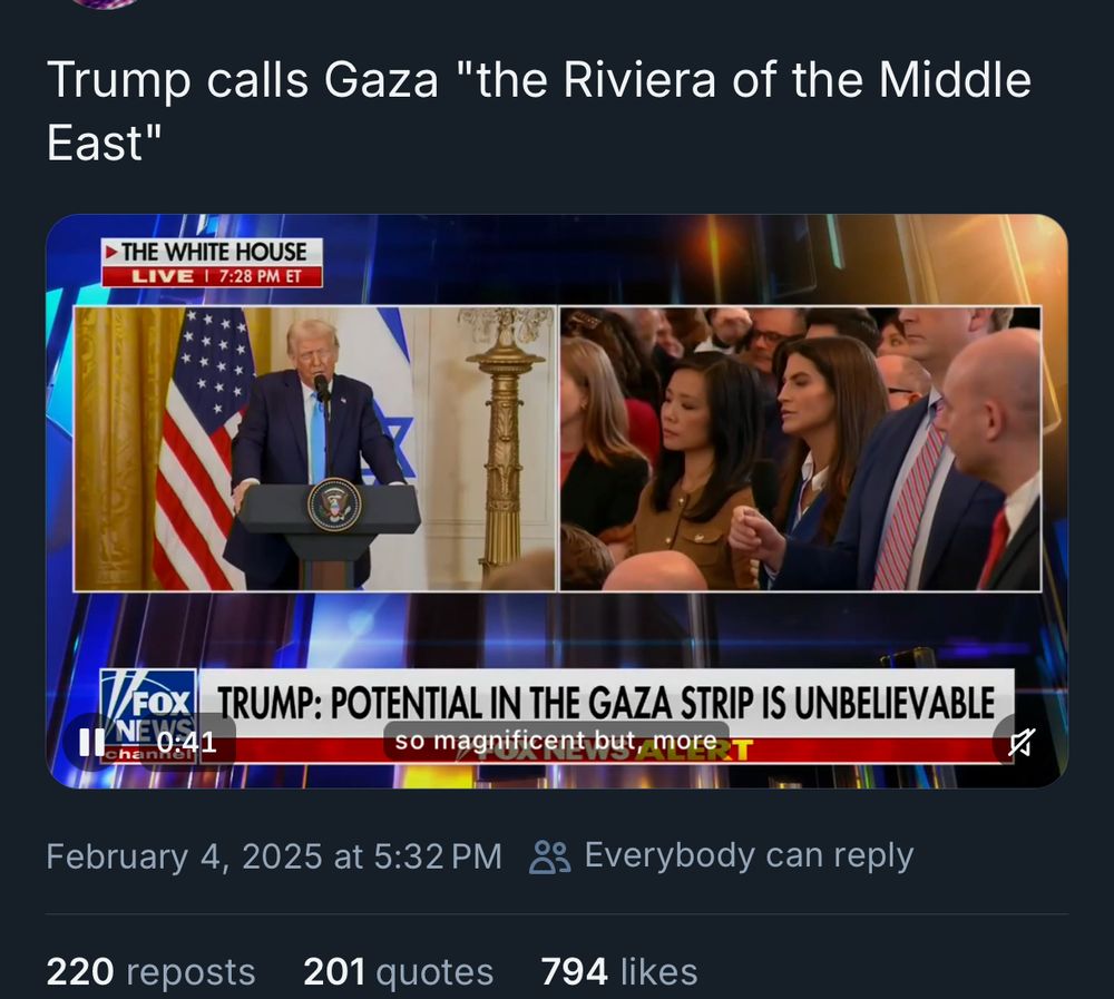 Three posts; one from the orange turd salivating over building a resort in Gaza after he takes it over. The other two from Twitter where the poster predicted he would do that five months ago.