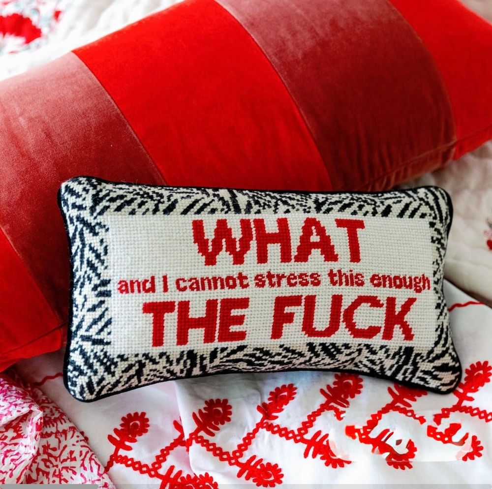 Red and white pillow that is embroidered with the phrase “what and I cannot stress this enough the fuck “