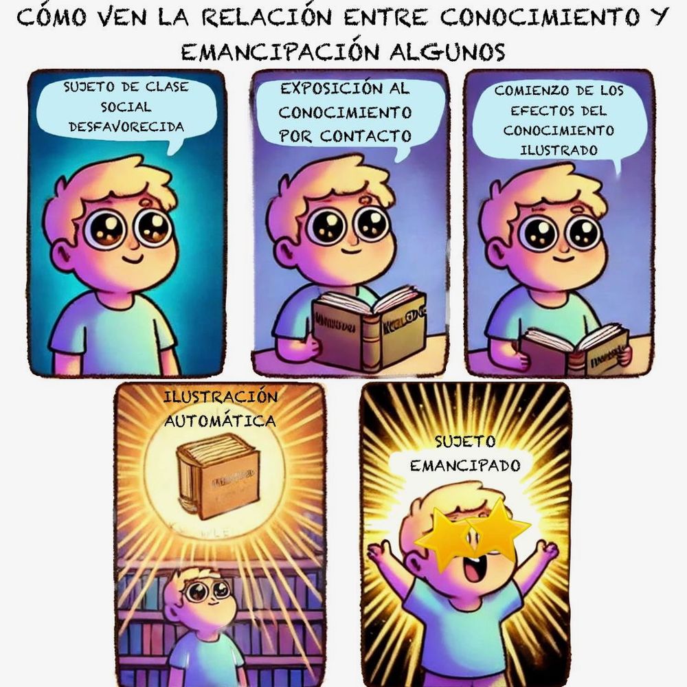 Viñeta de cinco paneles. Un niño es presentado como “sujeto de clase social desfavorecida”. Luego, al leer un libro etiquetado como “Conocimiento”, se expone al saber y comienza su “ilustración automática”. Finalmente, aparece con estrellas en los ojos bajo el rótulo “Sujeto emancipado”. La imagen parodia la idea simplista de que el acceso al conocimiento produce emancipación de forma inmediata y mágica.