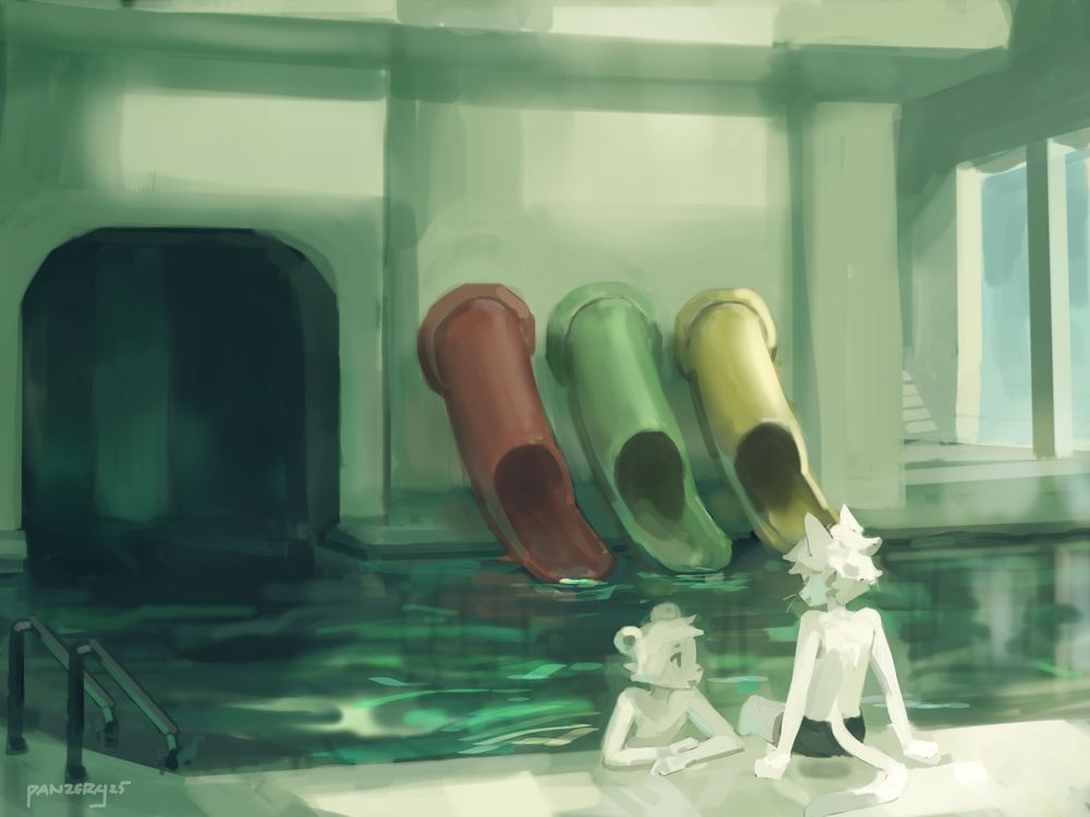 Cat and bear furries hanging out in the pool rooms talking to each other.