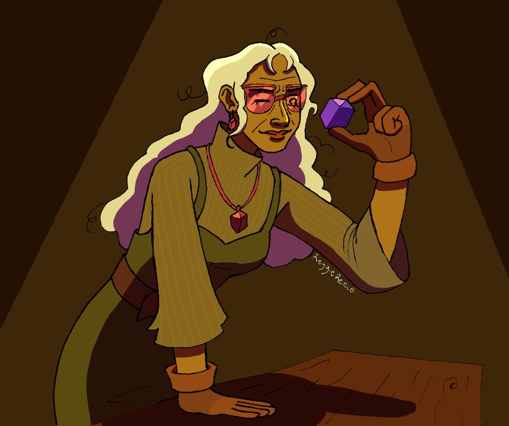 Amber leans on a table with one arm as she squints at a piece of amethyst held between the fingers of her free hand. A light dramatically shines down upon her.