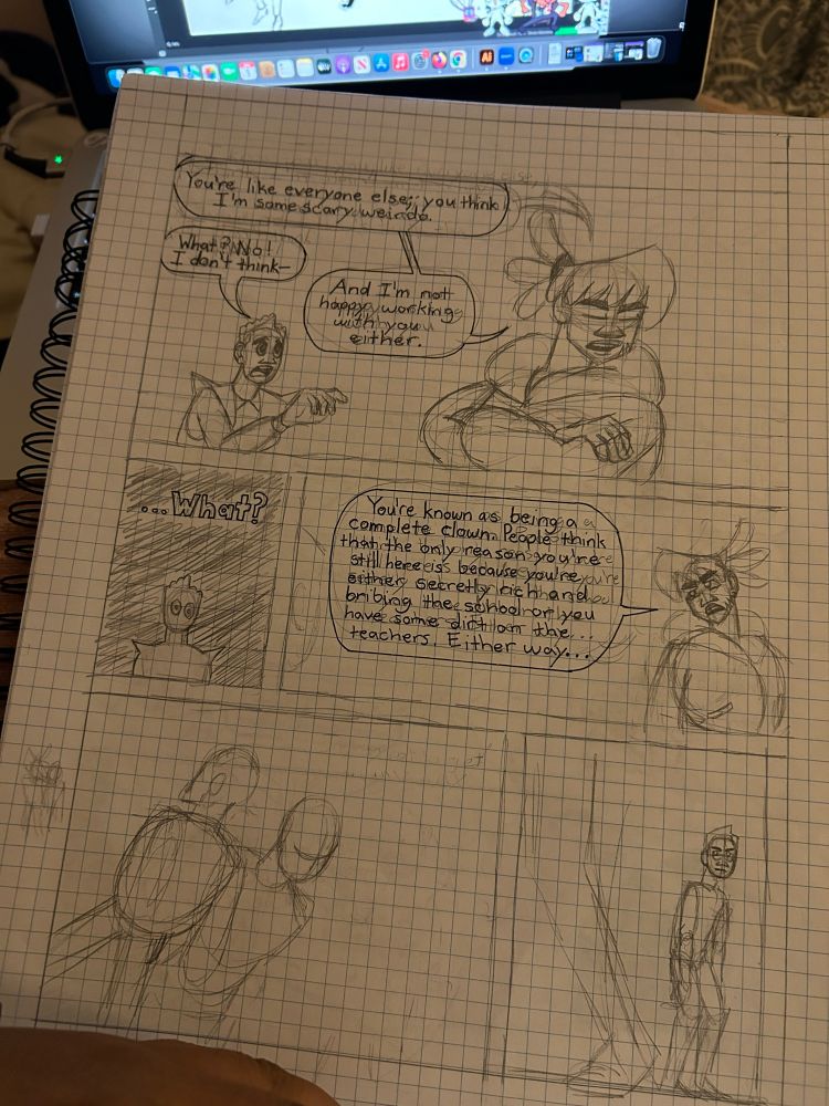 Sketch page of on of my comics where two boys are arguing