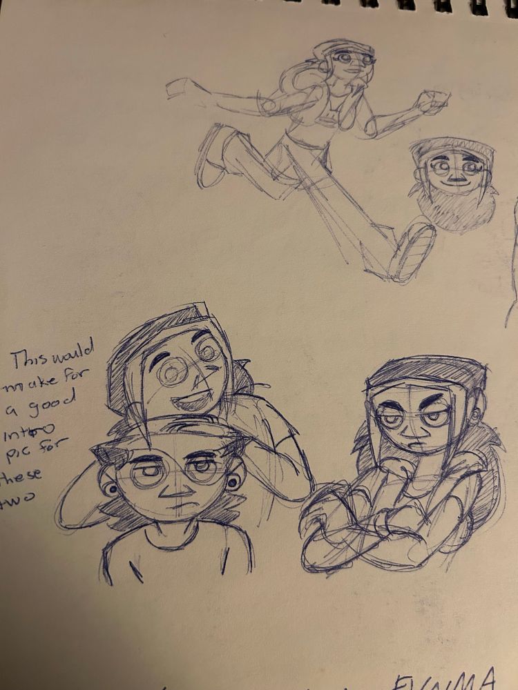 Sketch page of Izzy, with one where she leans on her brother’s head 
