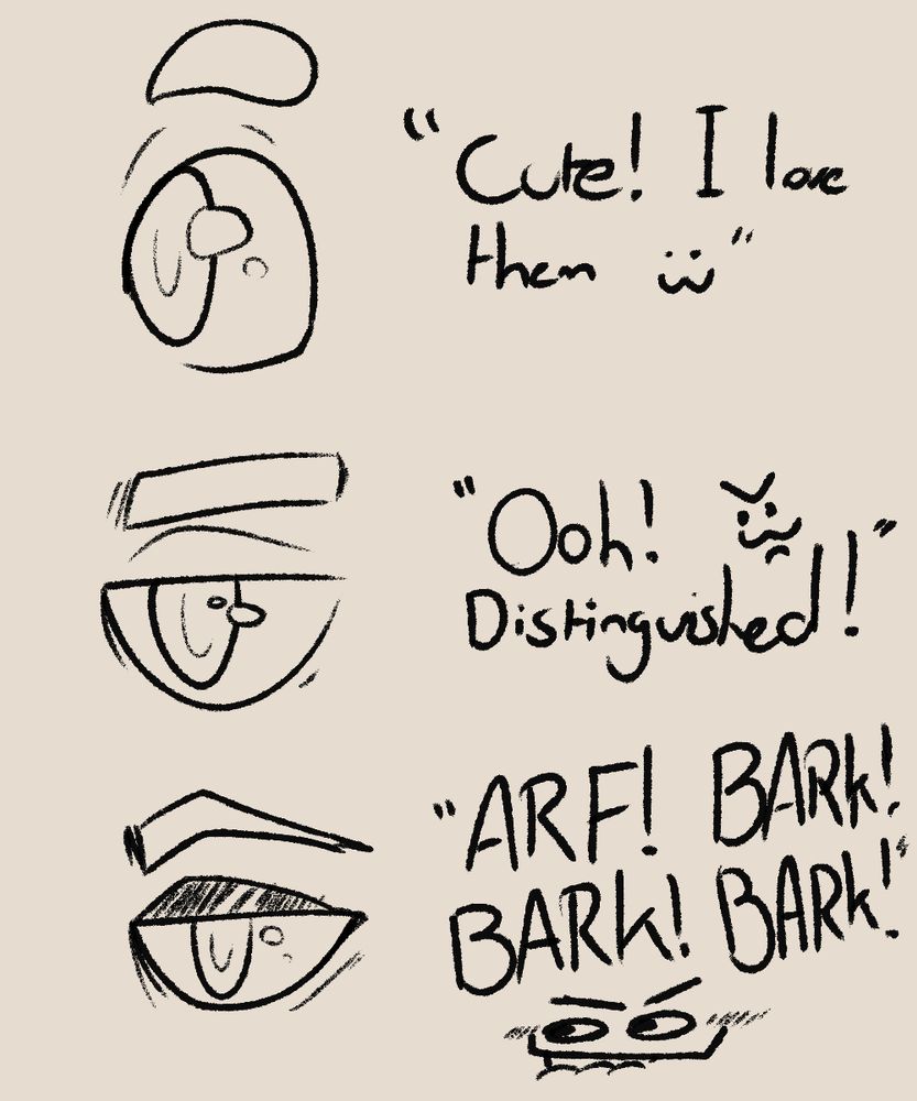 Three different drawings of eyes, one round and cute, one half lidded and distinguished, and the same again but with eyeshadow