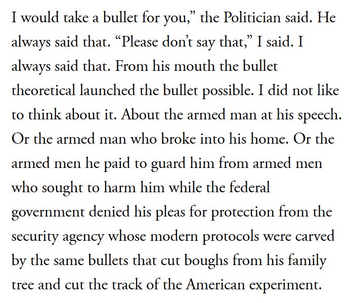 I would take a bullet for you,” the Politician said. He always said that. “Please don’t say that,” I said. I always said that. From his mouth the bullet theoretical launched the bullet possible. I did not like to think about it. About the armed man at his speech. Or the armed man who broke into his home. Or the armed men he paid to guard him from armed men who sought to harm him while the federal government denied his pleas for protection from the security agency whose modern protocols were carved by the same bullets that cut boughs from his family tree and cut the track of the American experiment.