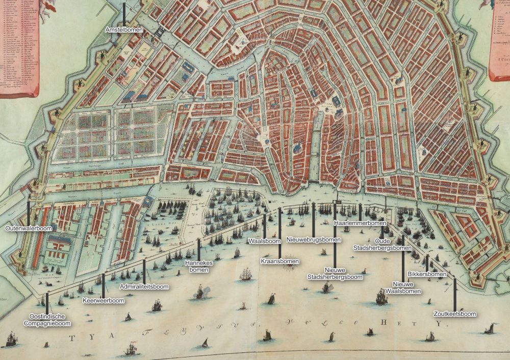 Kaart van Amsterdam uit de 18de eeuw met daarop de bomen aangegeven. Dat waren ingangen in de palenrij in het IJ waardoor schuiten en schepen de stad in konden