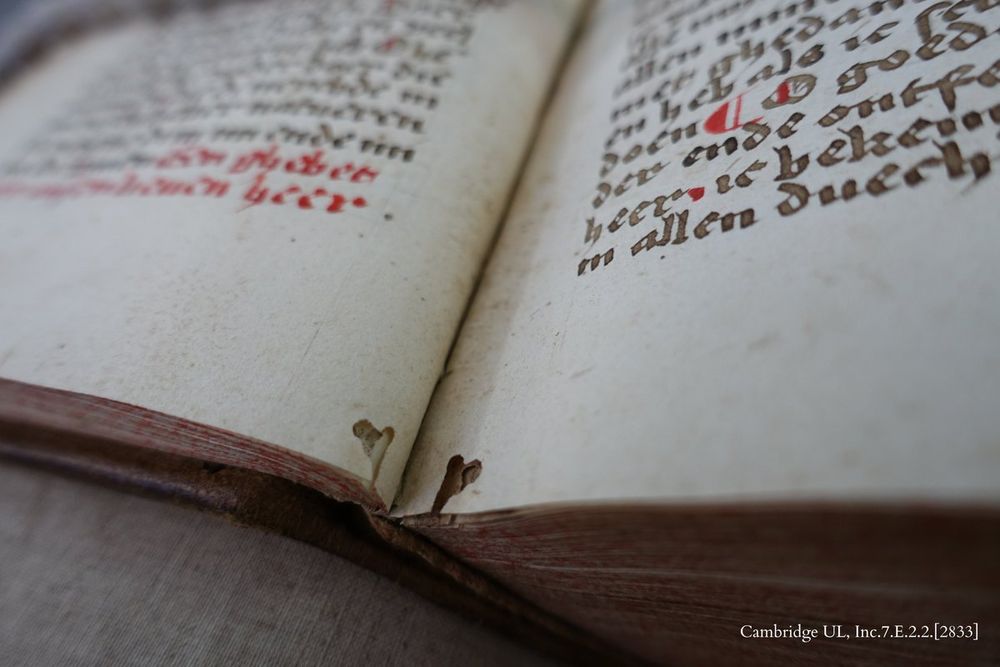 Heart-shaped hole in the paper of a early 16th-century devotional manuscript