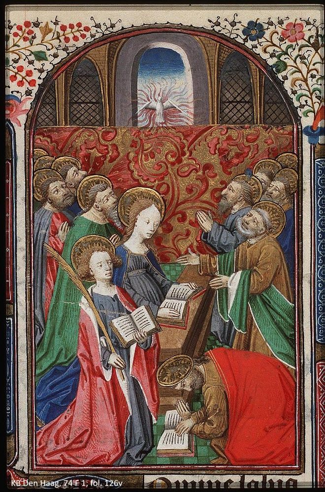 Image from a 15th-century Book of Hours of the Royal Library (The Hague), depicting Mary and various apostles reading, with the Holy Spirit depicted as a dove above them.