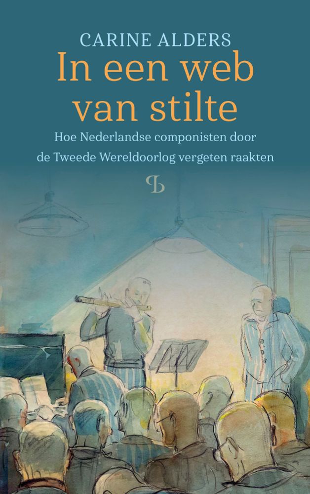 Cover van mijn boek. Op een petrolkleurige achtergrond staat in oranje letters 'In een web van stilte'. Daarboven mijn naam in lichtblauwe kapitalen en daaronder de subtitel: Hoe Nederlandse componisten door de Tweede Wereldoorlog vergeten raakten. Daaronder het logo van uitgeverij Balans, een verticale lijn met rechtsonder de buik van de b en linksboven diezelfde buik, voor de balans (knipoog)
De onderste helft van de cover is een aquarel, gemaakt door Arie Emens in Kamp Vught, van een concert in barak 2. Een fluitist staat onder het licht van een lamp en speelt van bladmuziek op een standaard. De pianist zit links daarvan achter de piano, zijn handen op de toetsen. We zien het publiek - allemaal mannen met kaalgeschoren hoofden - op de rug. Een persoon staat geleund tegen de muur bij een deur. Iedereen draagt blauwgrijs gestreepte gevangeniskleren. Collectie Nationaal Museum Kamp Vught.