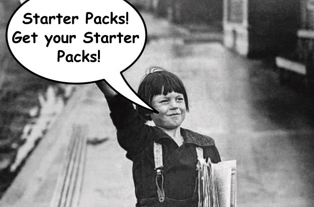 Retool of the "Newsboy, Alaska" photo with a speech bubble saying "Starter Packs! Get your Starter Packs!" 