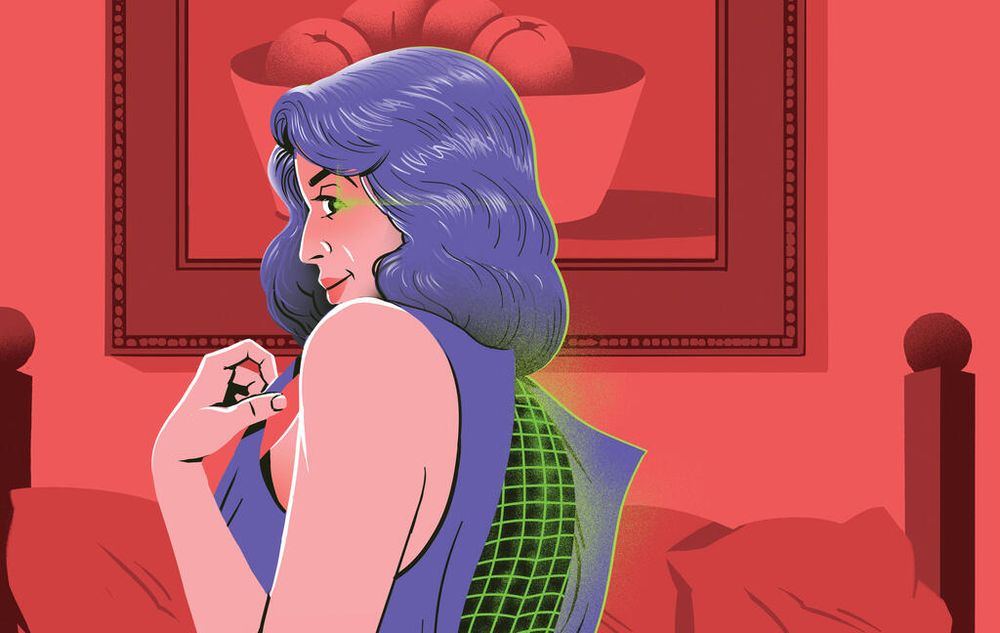 A female presenting person disrobing and revealing a neon-green and black grid. Art by Yonatan Popper
Source: https://www.calcalist.co.il/magazine/article/g8cxra0rx