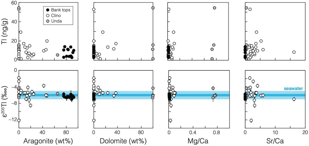 Biplots comparing Tl data to carbonate sediment mineralogy and trace metal ratios commonly used for diagenetic screening. Darker blue horizontal line in the lower panels signifies the isotopic composition of modern seawater (ε205Tl = –6.0 ± 0.3‱), whereas the lighter blue horizontal line signifies the seawater value estimated for the Miocene (ε205Tl = –6.0 ± 1.0‱; Nielsen et al., 2009, Wang et al., 2024). (For interpretation of the references to colour in this figure legend, the reader is referred to the web version of this article.)
