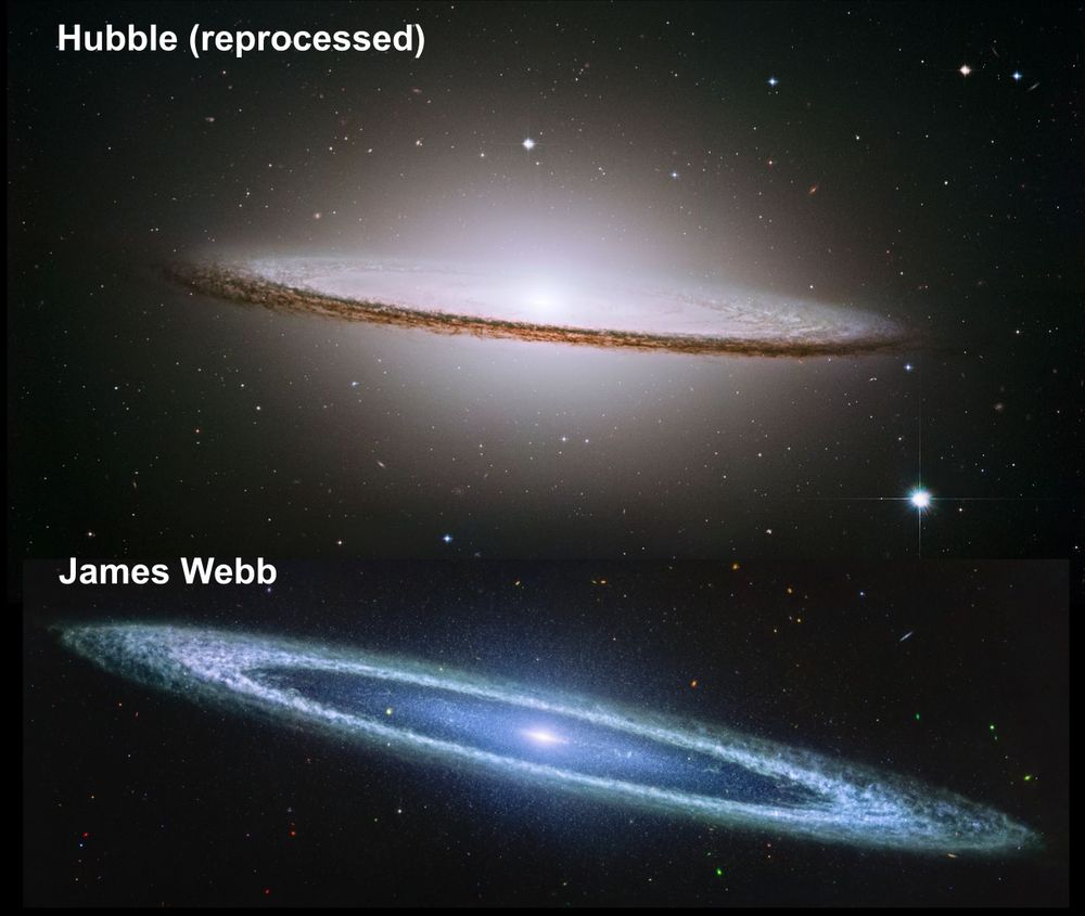 Photos of photo of Messier 104 ("The Sombrero Galaxy") from Hubble (top) and James Webb (bottom)