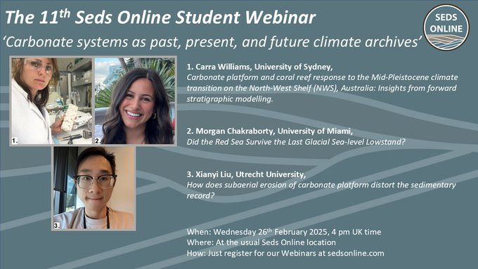 Poster for Feb 26th SedsOnline student seminar with talks by Carra Williams, Morgan Chakraborty and Xianyi Liu