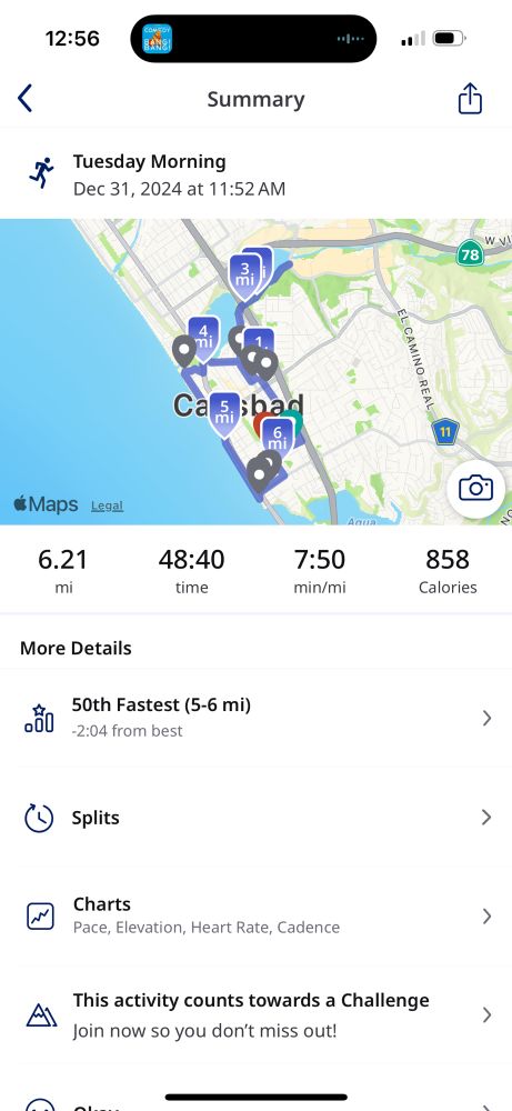 A map showing my last 10k loop around Carlsbad, CA. 
