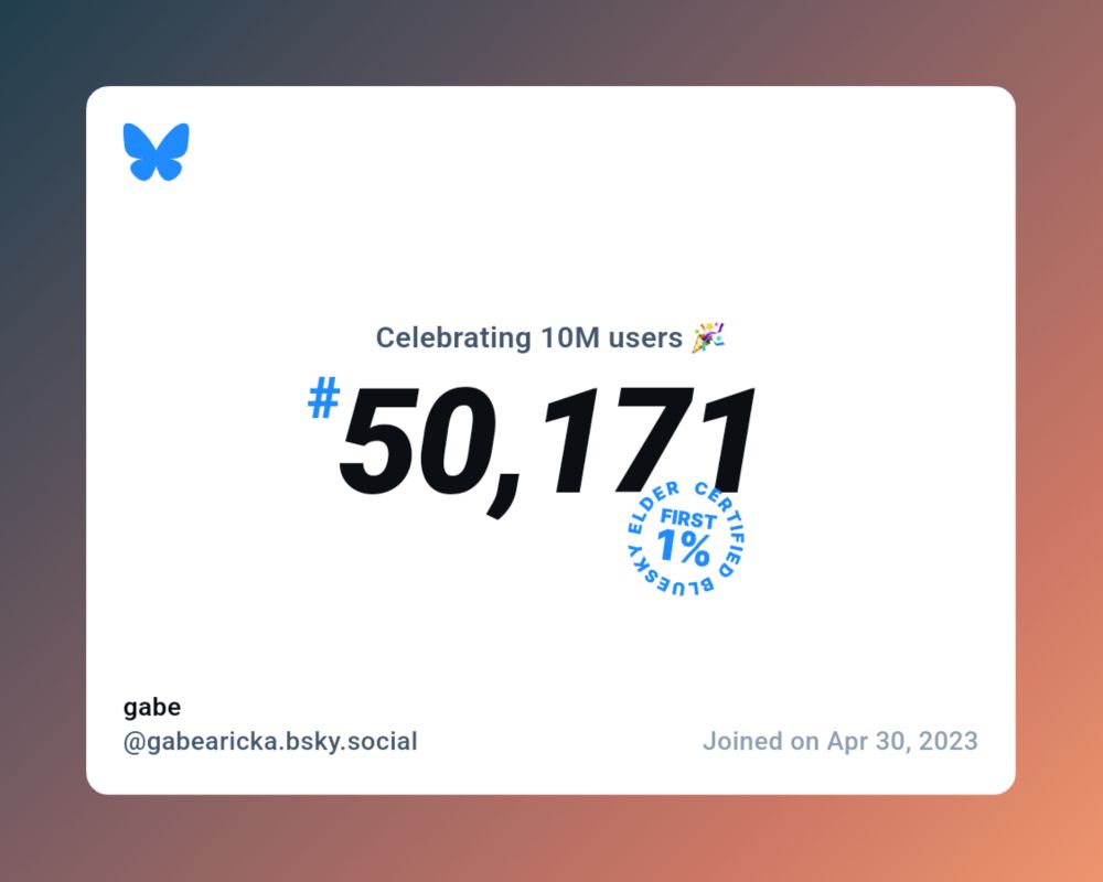 A virtual certificate with text "Celebrating 10M users on Bluesky, #50,171, gabe ‪@gabearicka.bsky.social‬, joined on Apr 30, 2023"