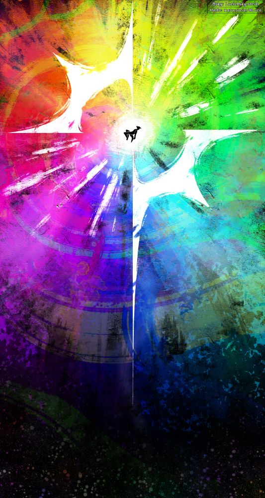 A figure is floating at the top of the picture, you can only see their dark silhouette against the white backglow. There is a white starburst / light flare around the figure. The background is rainbow colored with some black color coming through here and there. Black color is creeping up from the bottom of the picture to the top, but there are colorful dots being sprinkled in the darkness.