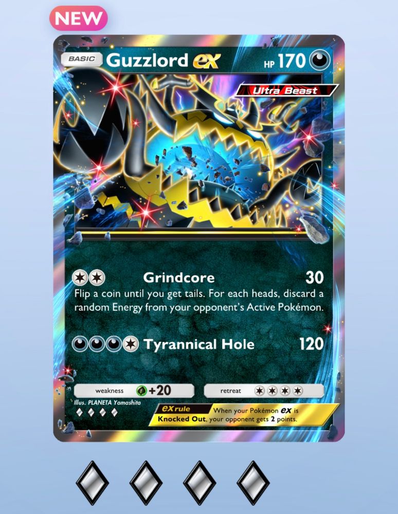guzzlord pokemon card with the moves “grindcore” and “tyrannical hole”