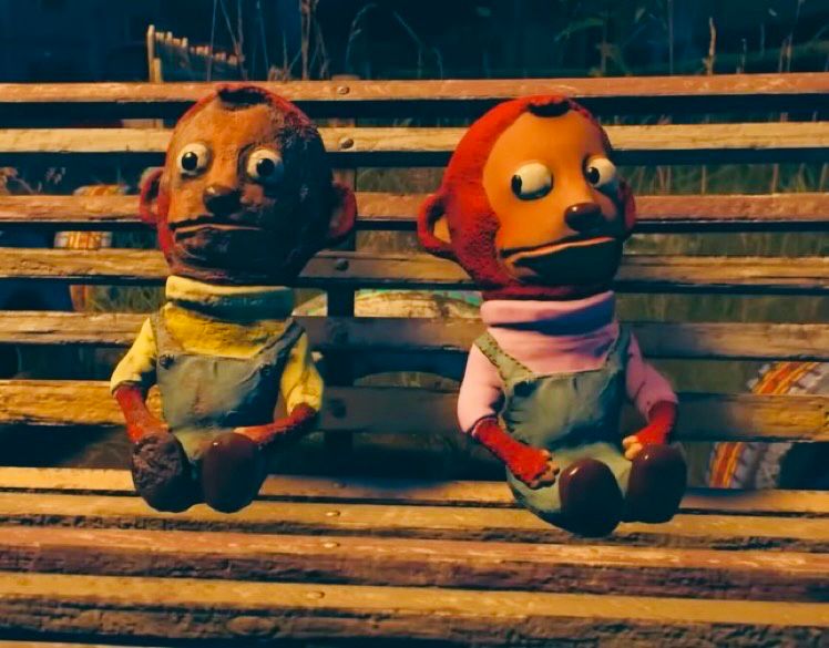 Two plush monkeys. One states at the other. It’s based on a famous meme.