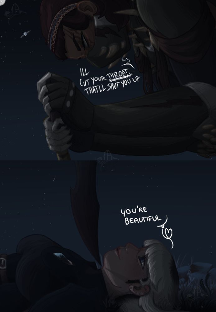 Drawing of two women in reference to a scene from Princess Mononoke 
Rhiadia (top half; red hair, wearing a mask) is saying "Ill cut your throat. thatll shut you up" while shakily holding a sword that goes into the lower panel.
Lillith (lower half: mostly gray hair, using telepathy) states "Youre beautiful" as she doesnt believe Rhiadia will go through with the threat. 

This is a reference directly to a very popular meme thats from Studio ghiblis 1997 'Princess Mononoke'
