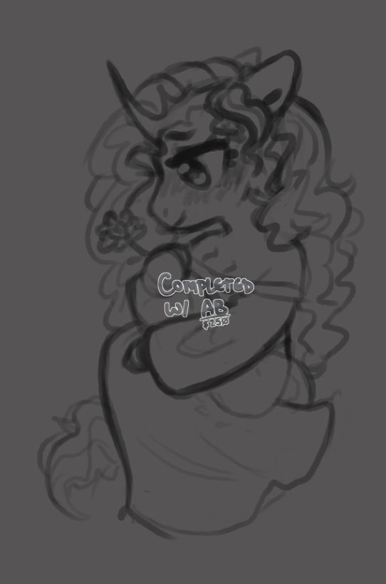 Grayscale unicorn Chibi. Shes looking to the left and at a flower held in her hoof. Shes almost sad yet at peace about something on her mind. 