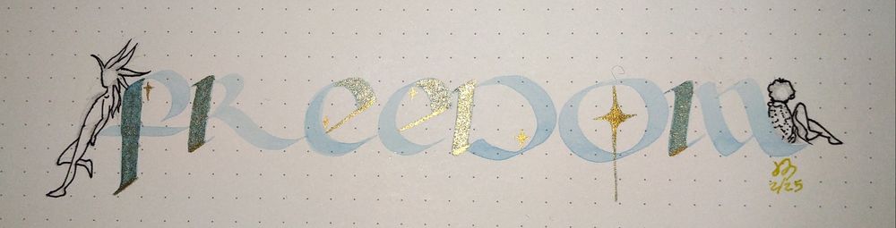 the word freedom callighraphed in pastel blue with gold accents and two silhouettes of characters touching the f and m