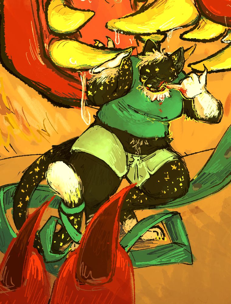 A closeup on the cat from the last image. She has blood on her face and hand, and is cleaning her teeth with her pinky claw. Her expression is unbothered.