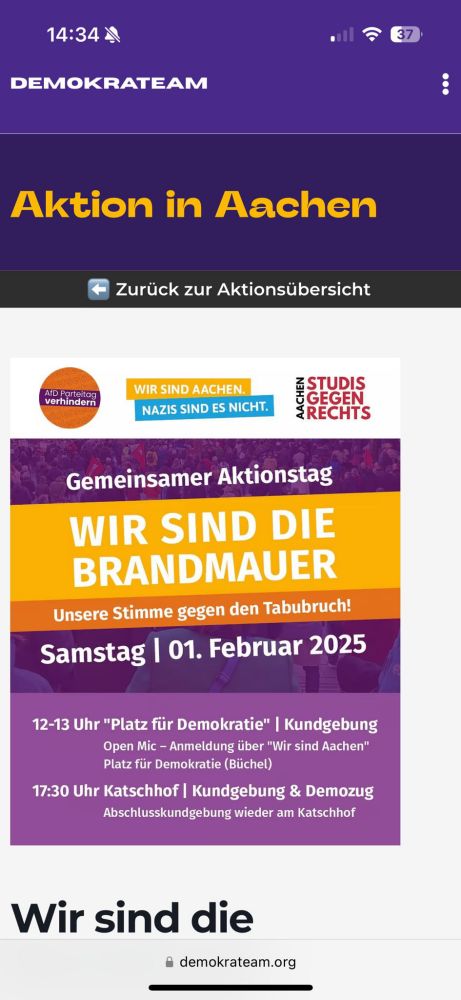 Aufruf zu "Wir sind die Brandmauer" morgen nachmittag in Aachen.