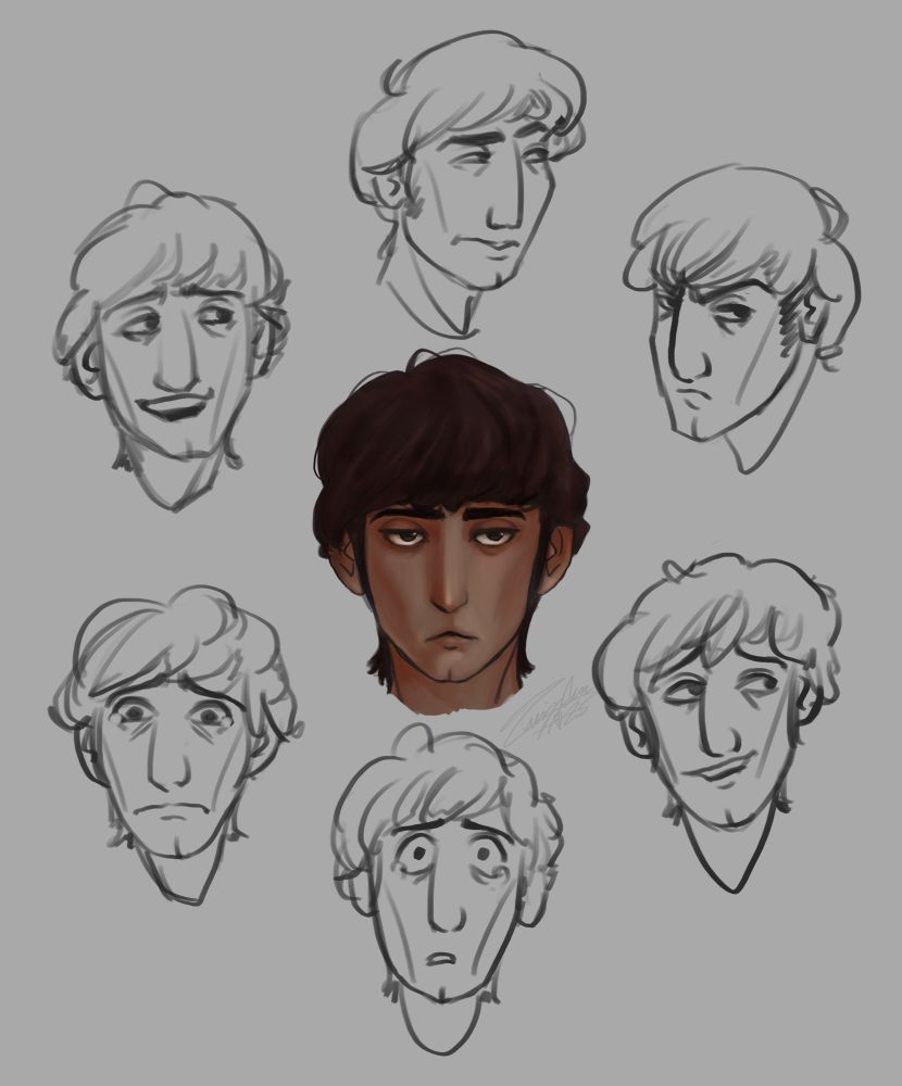 Expression sketches of Rasmus. In the middle is his rendered headshot. Around the circle are expressions that look like happy, suspicious, angry, a little bashful, stunned/horrified, and hurt. 